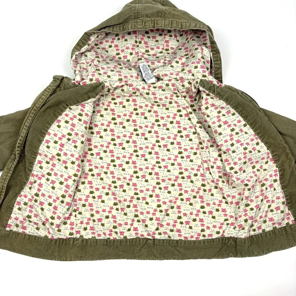 VTG Y2K Gap Kids Cat Print Corduroy Jacket Girls Sz S Olive Green‎ Cat Zipper